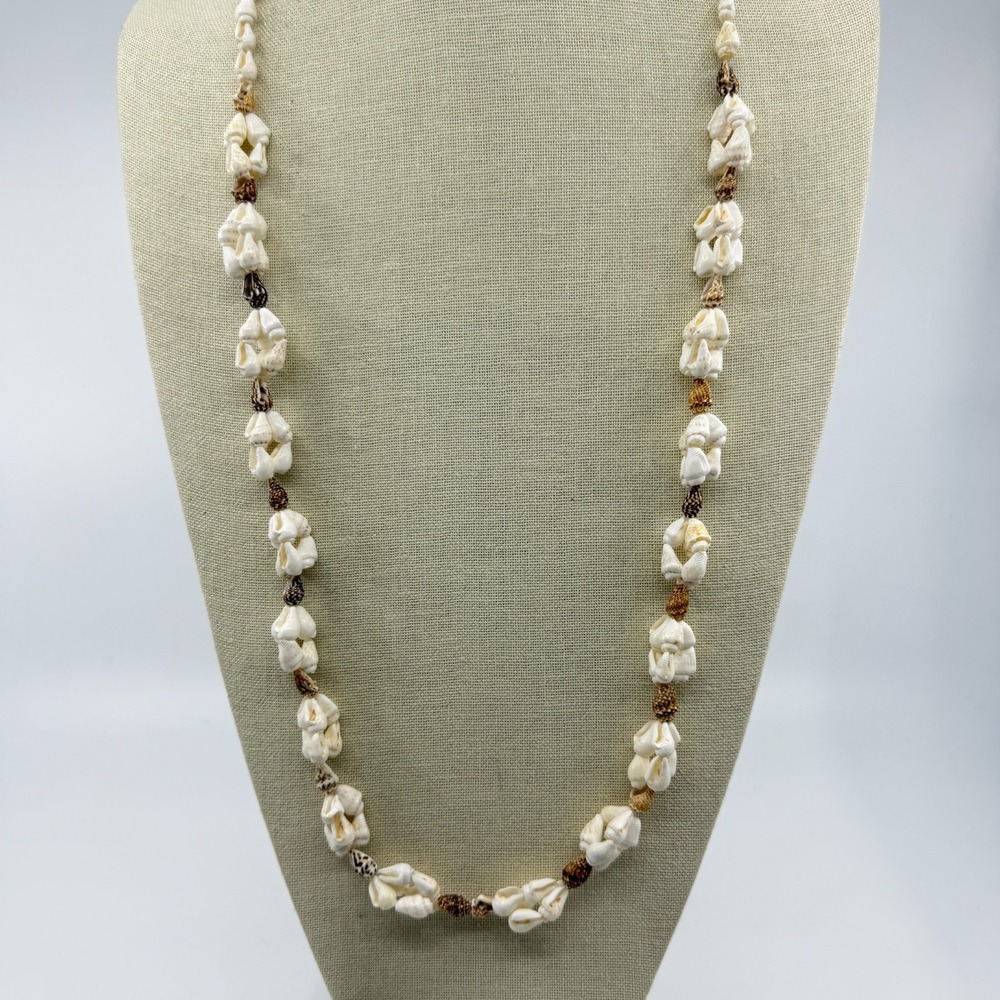 Natural Seashell Cluster Beaded Necklace Cream Brown Coastal Boho Statement Gift